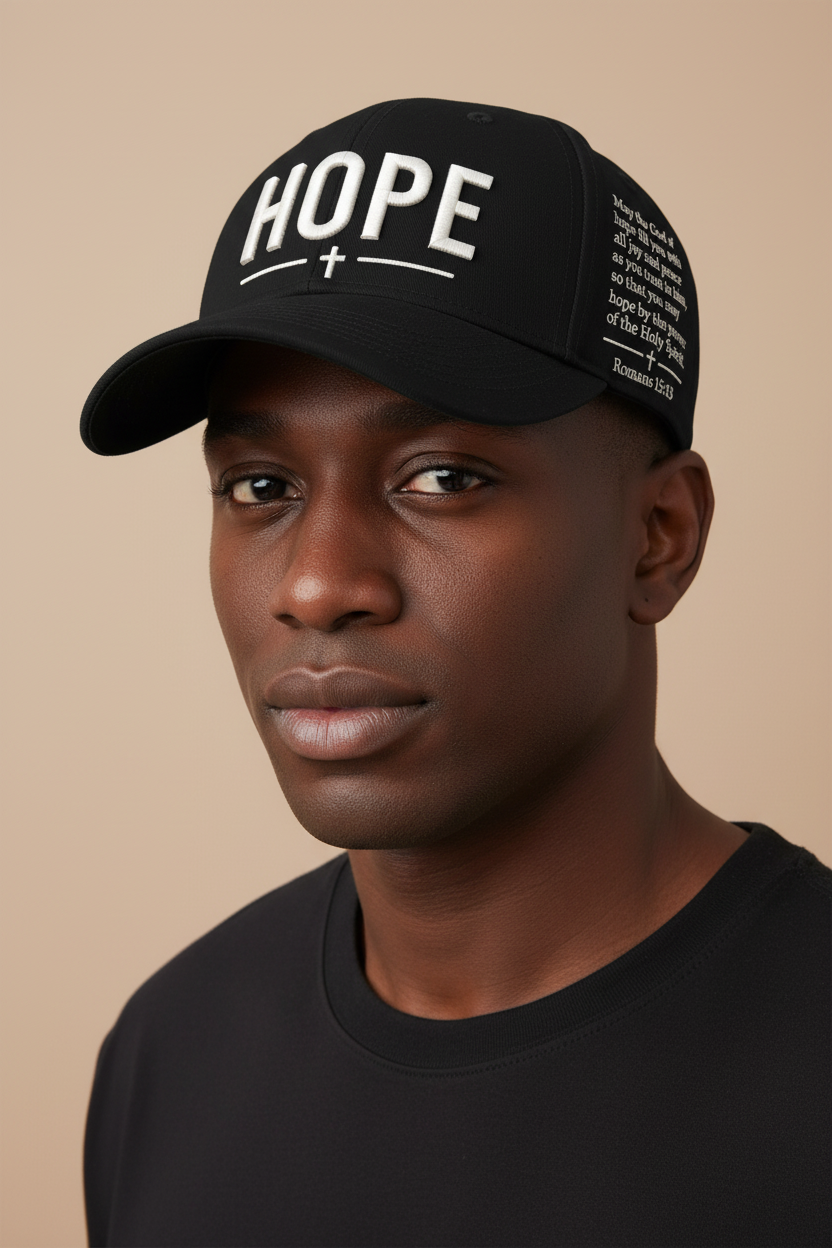 Black Hope Christian cap worn by a male model, showing HOPE embroidery, a cross, and Romans 15:13