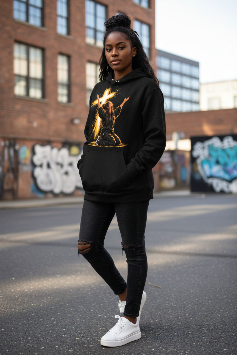 Black Worship Cross Hoodie worn by a young Black female model