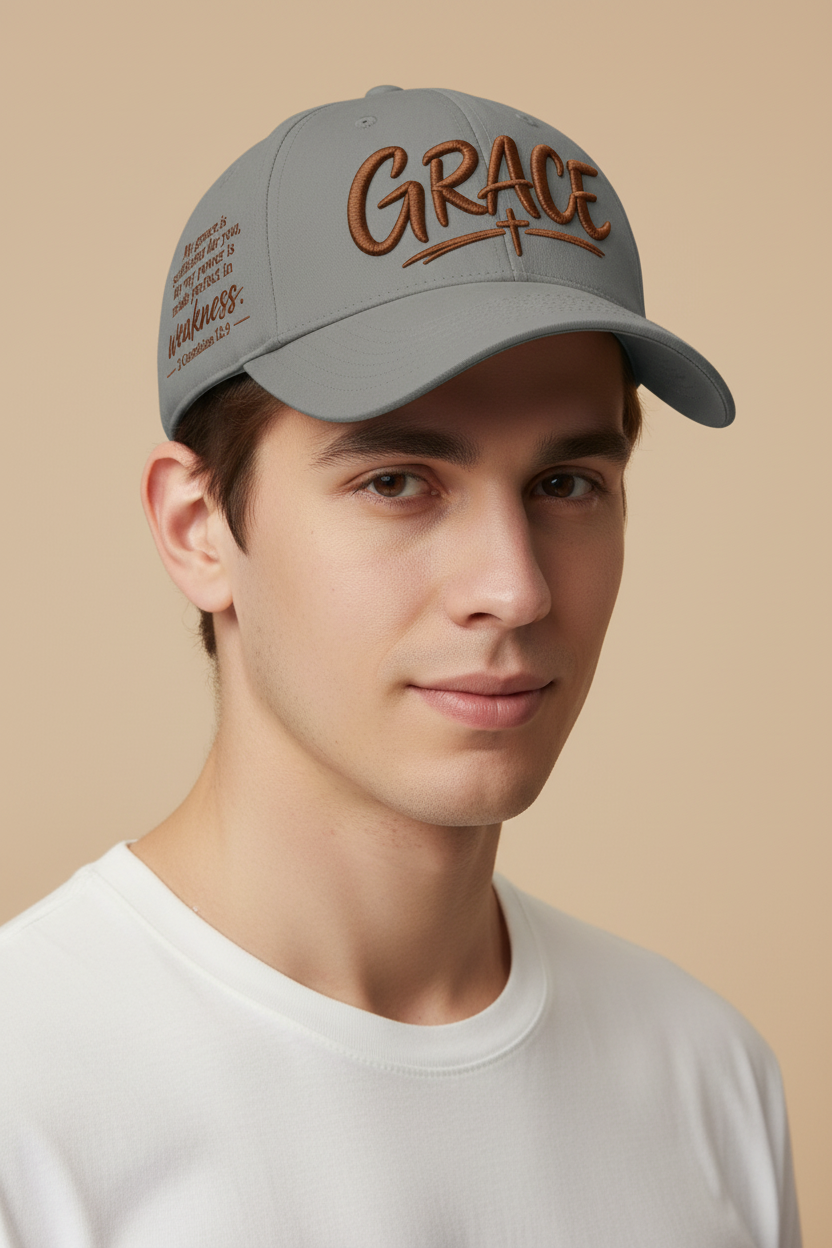 Gray Grace Christian cap worn by a male model, showing GRACE embroidery, a cross, and 2 Corinthians 12:9