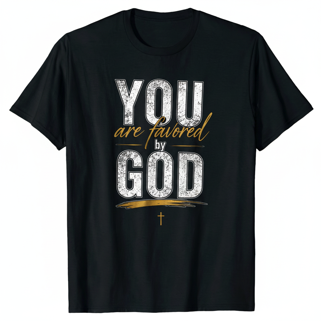 Black Christian t-shirt with You Are Favored by God print design in white, silver and gold lettering with cross – Ephesians 1:6