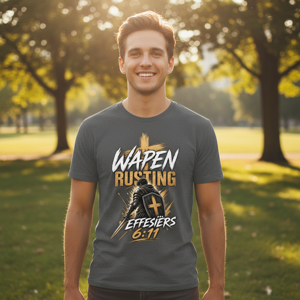 Wapen Rusting charcoal gray tee – smiling young adult male in golden park light