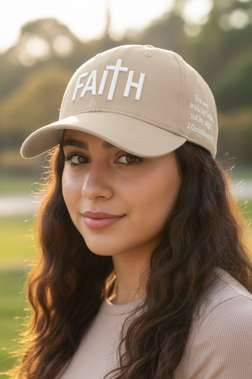 Beige Faith Cap with white FAITH lettering worn by a young Latina female model, head and shoulders view