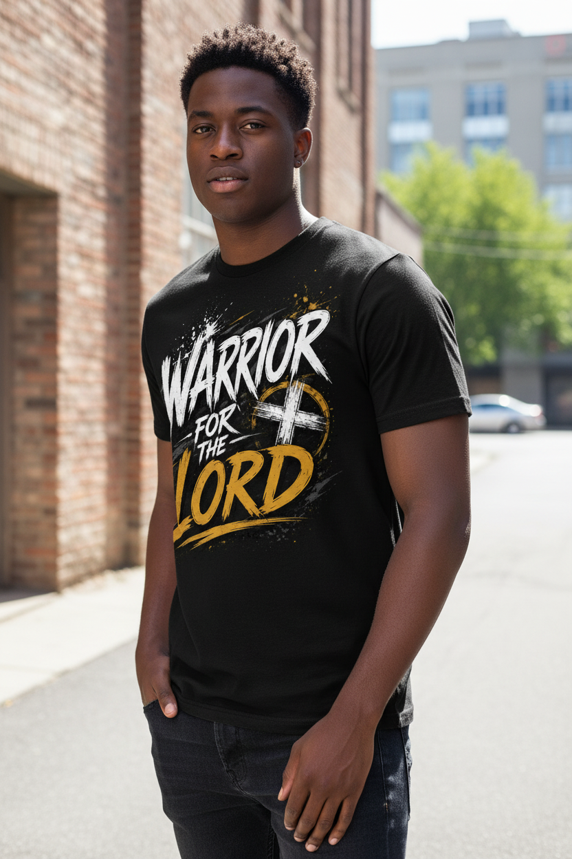 Black Warrior for the Lord T-shirt worn by a young Black male model