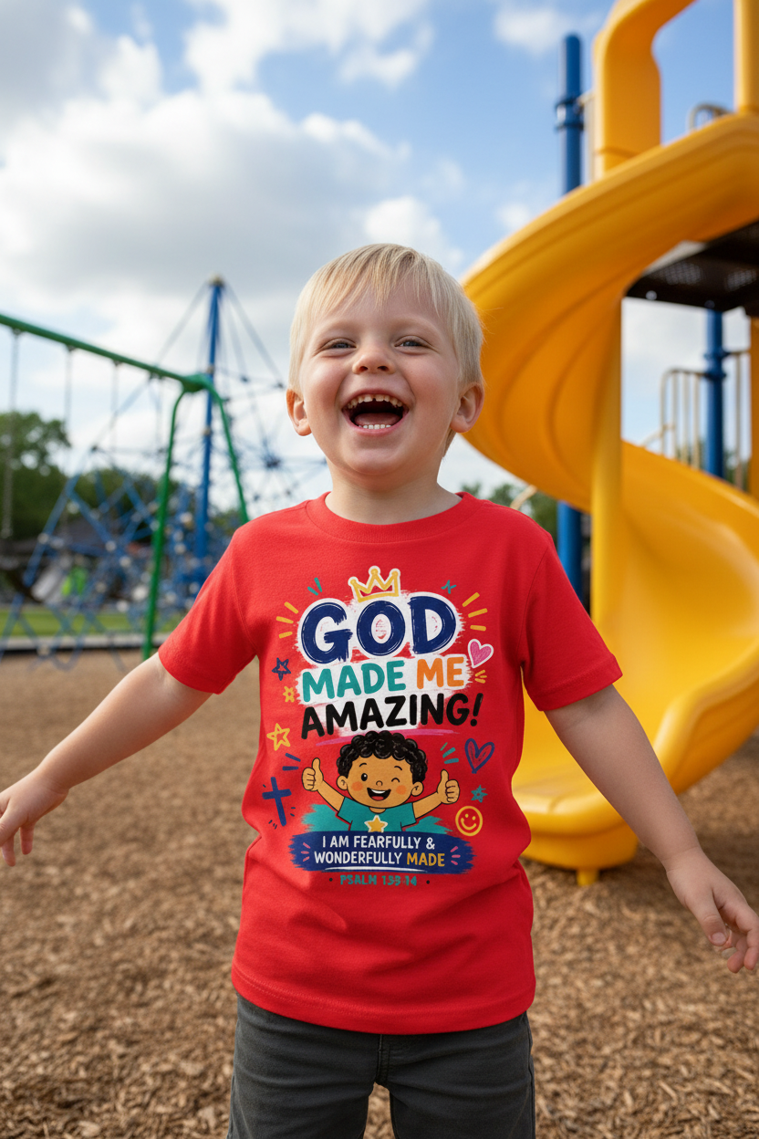 God Made Me Amazing - Red - White boy playground mockup
