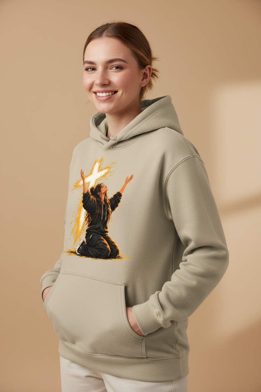 Beige Worship Cross Hoodie worn by a young white female model
