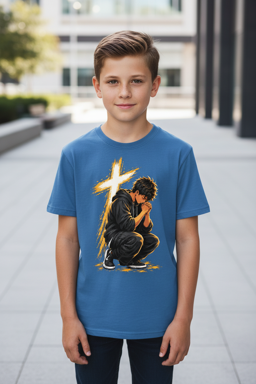 Blue Prayer Warrior Kids T-Shirt worn by a child on a softly lit urban walkway