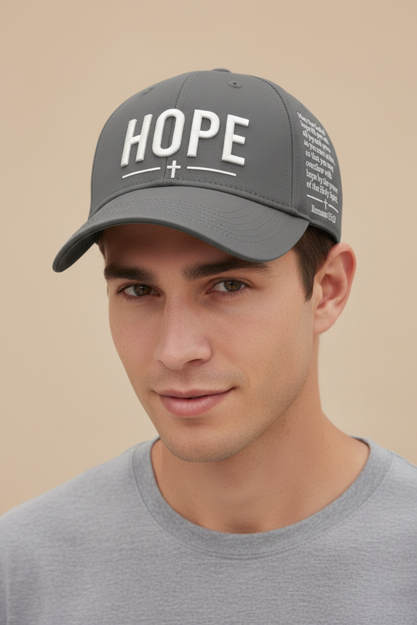 Gray Hope Christian cap worn by a male model, showing HOPE embroidery, a cross, and Romans 15:13