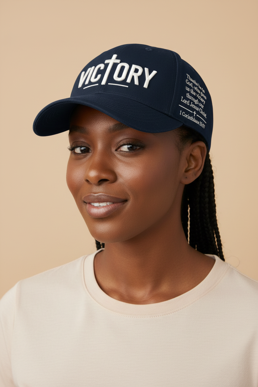 Navy Victory Christian cap worn by a woman model, showing VICTORY embroidery, a cross, and 1 Corinthians 15:57