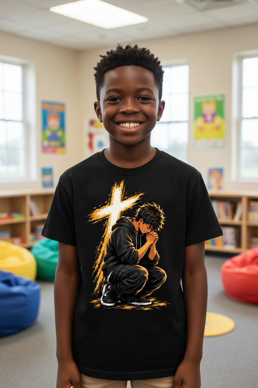 Black Prayer Warrior Kids T-Shirt worn by a child in a church youth room