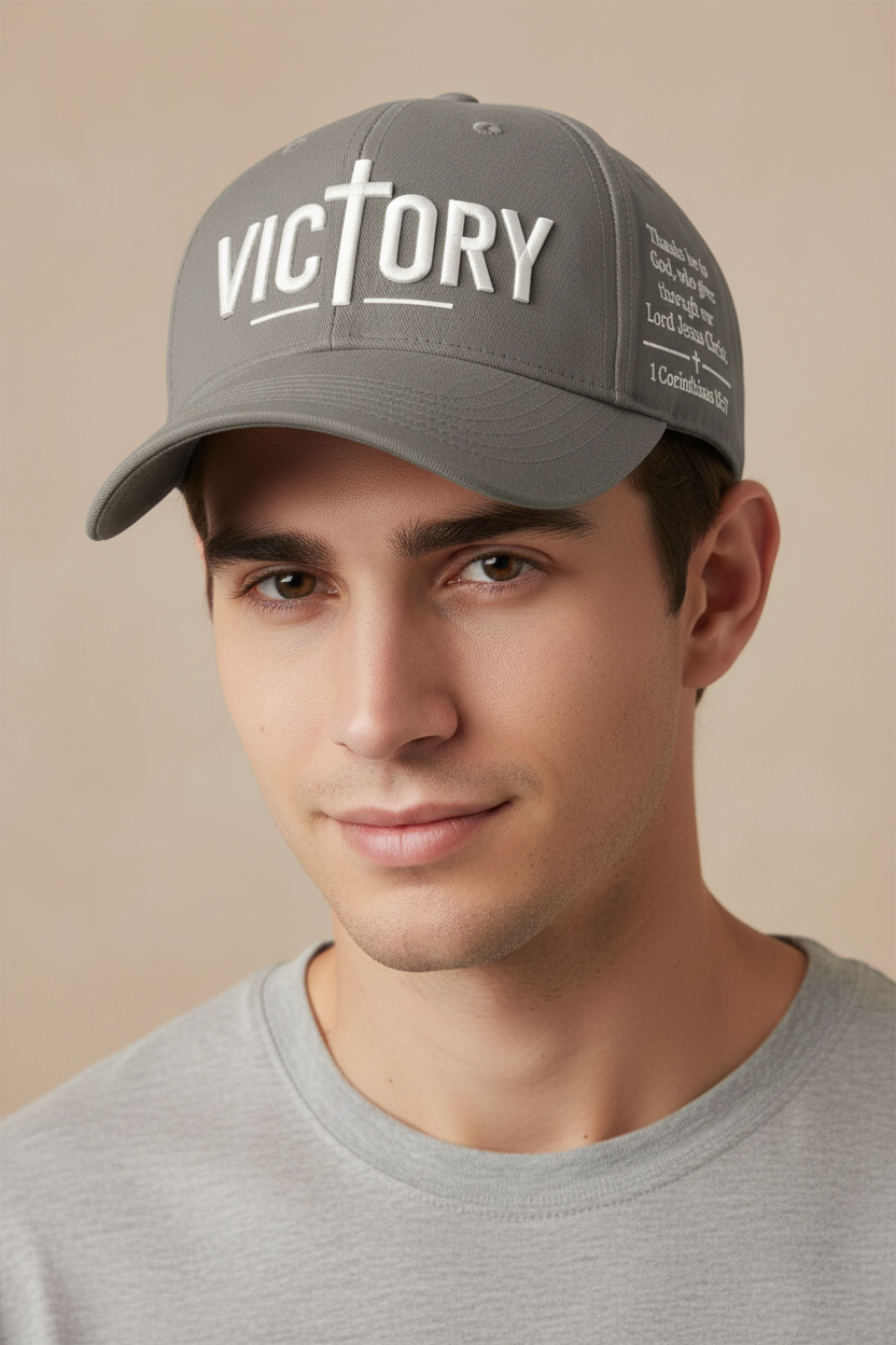 Gray Victory Christian cap worn by a male model, showing VICTORY embroidery, a cross, and 1 Corinthians 15:57