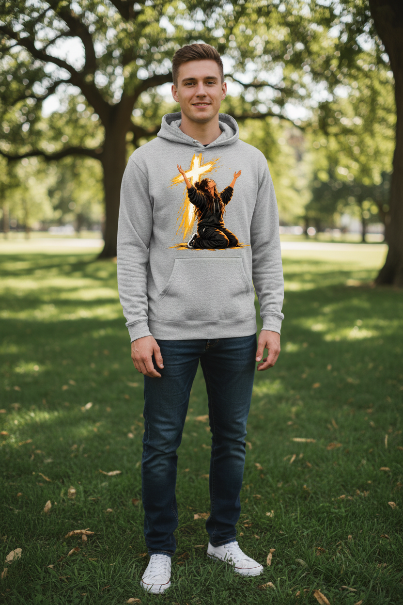 Gray Worship Cross Hoodie worn by a young white male model