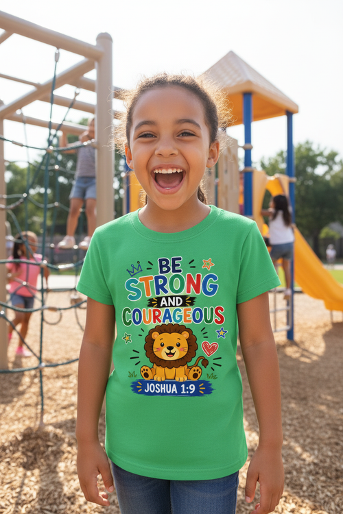 Be Strong and Courageous - Green - Mixed-race girl playground mockup