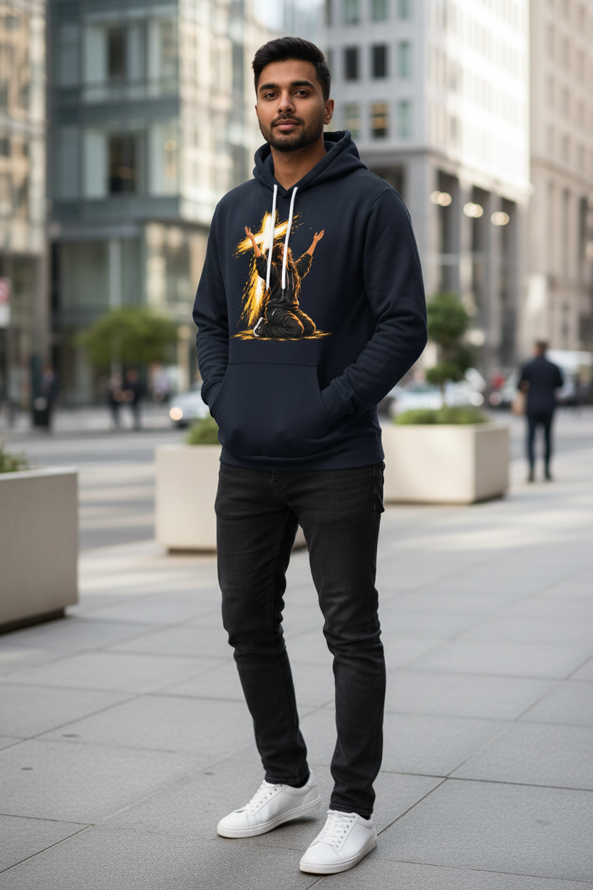 Navy Worship Cross Hoodie worn by a young South Asian male model