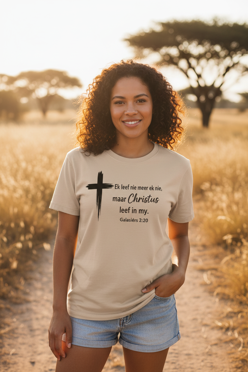 Ek leef nie meer ek nie maar Christus leef in my - Beige T-Shirt