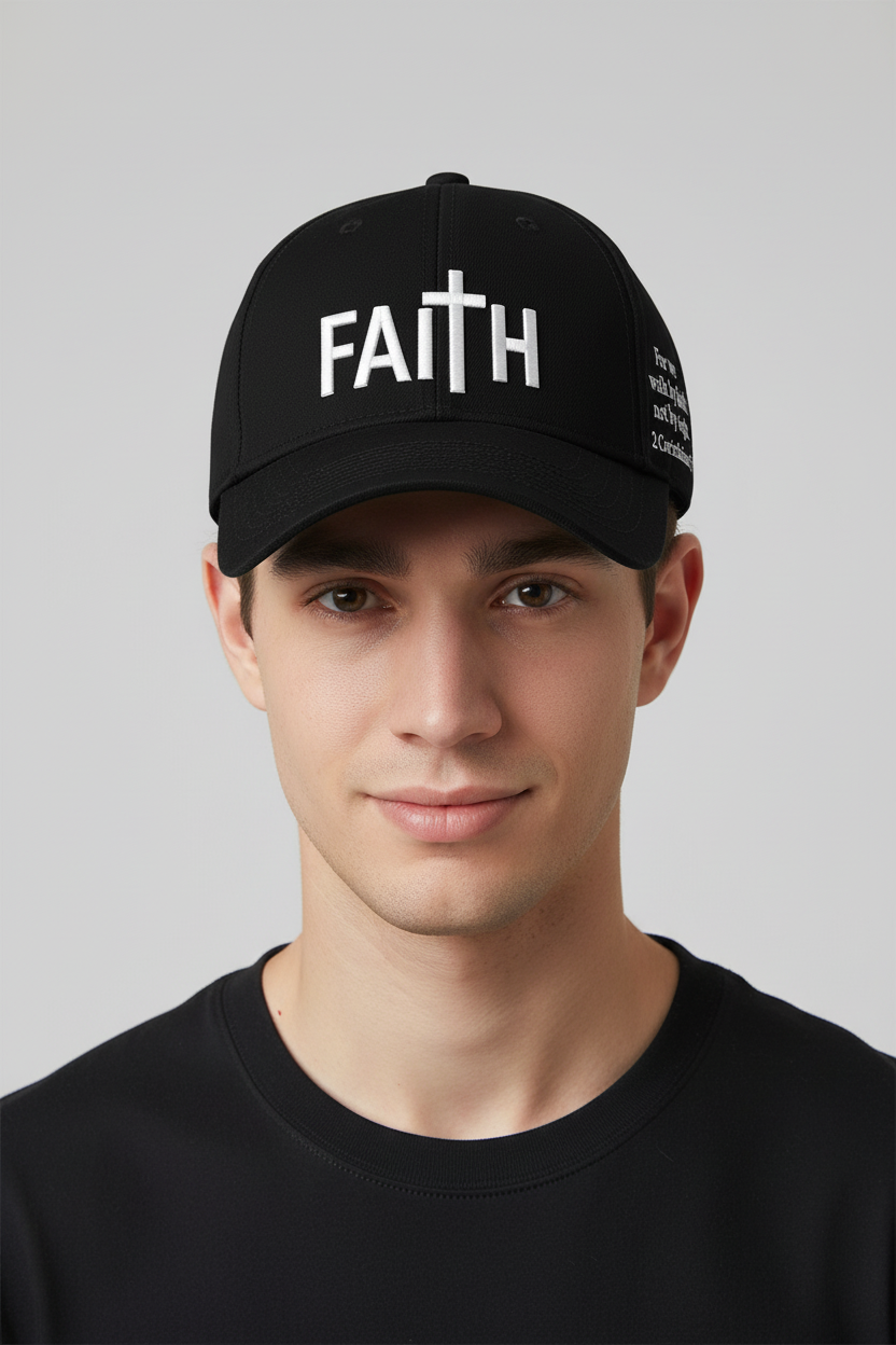 Black Faith Cap with white FAITH lettering worn by a young white male model, head and shoulders view