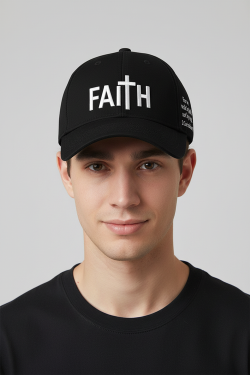 Black Faith Cap with white FAITH lettering worn by a young white male model, head and shoulders view