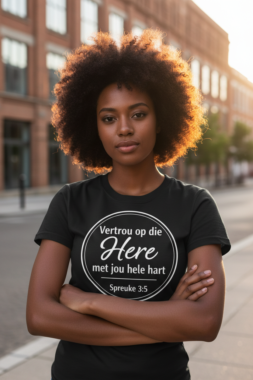 Vertrou op die Here T-Shirt – Black, Natural Afro, Urban Outdoor