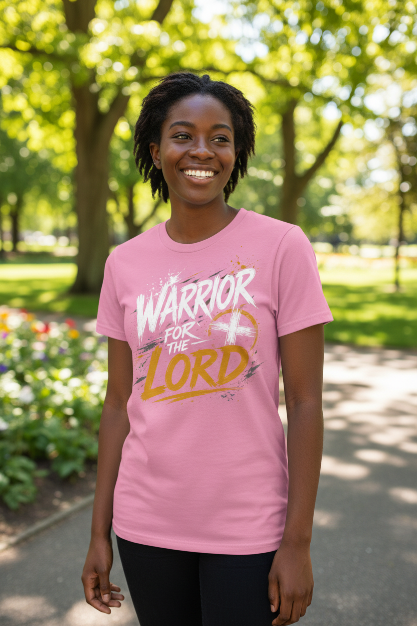 Pink Warrior for the Lord T-shirt worn by a young Black female model