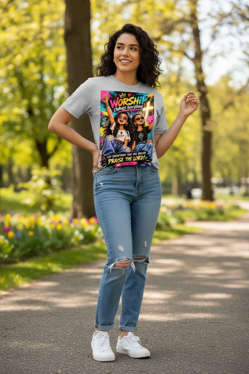 Gray Worship Changes Everything T-shirt worn by a young Latina female model