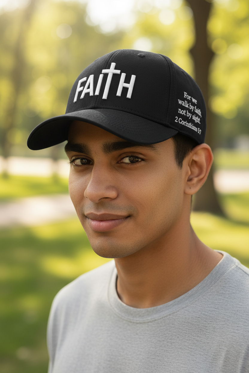 Navy Faith Cap with white FAITH lettering worn by a young South Asian male model, head and shoulders view