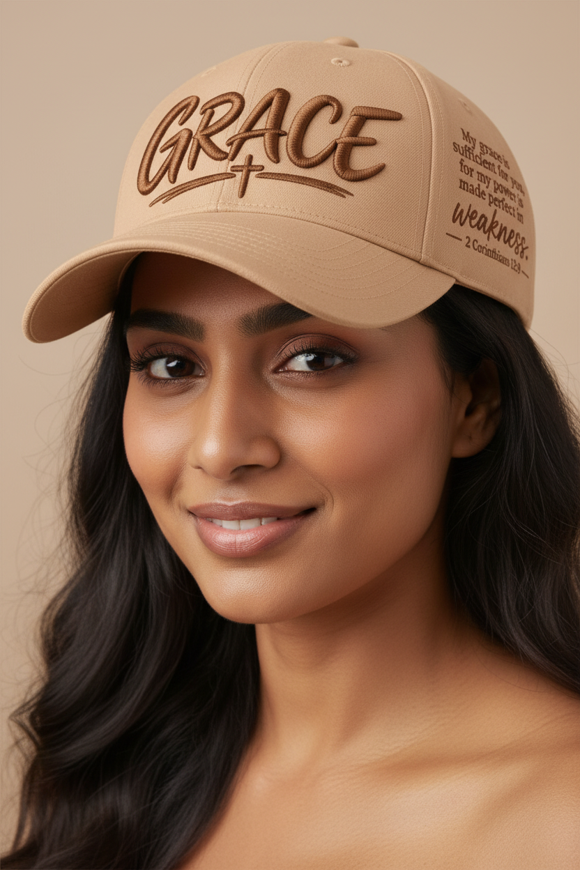 Beige Grace Christian cap worn by a woman model, showing GRACE embroidery, a cross, and 2 Corinthians 12:9