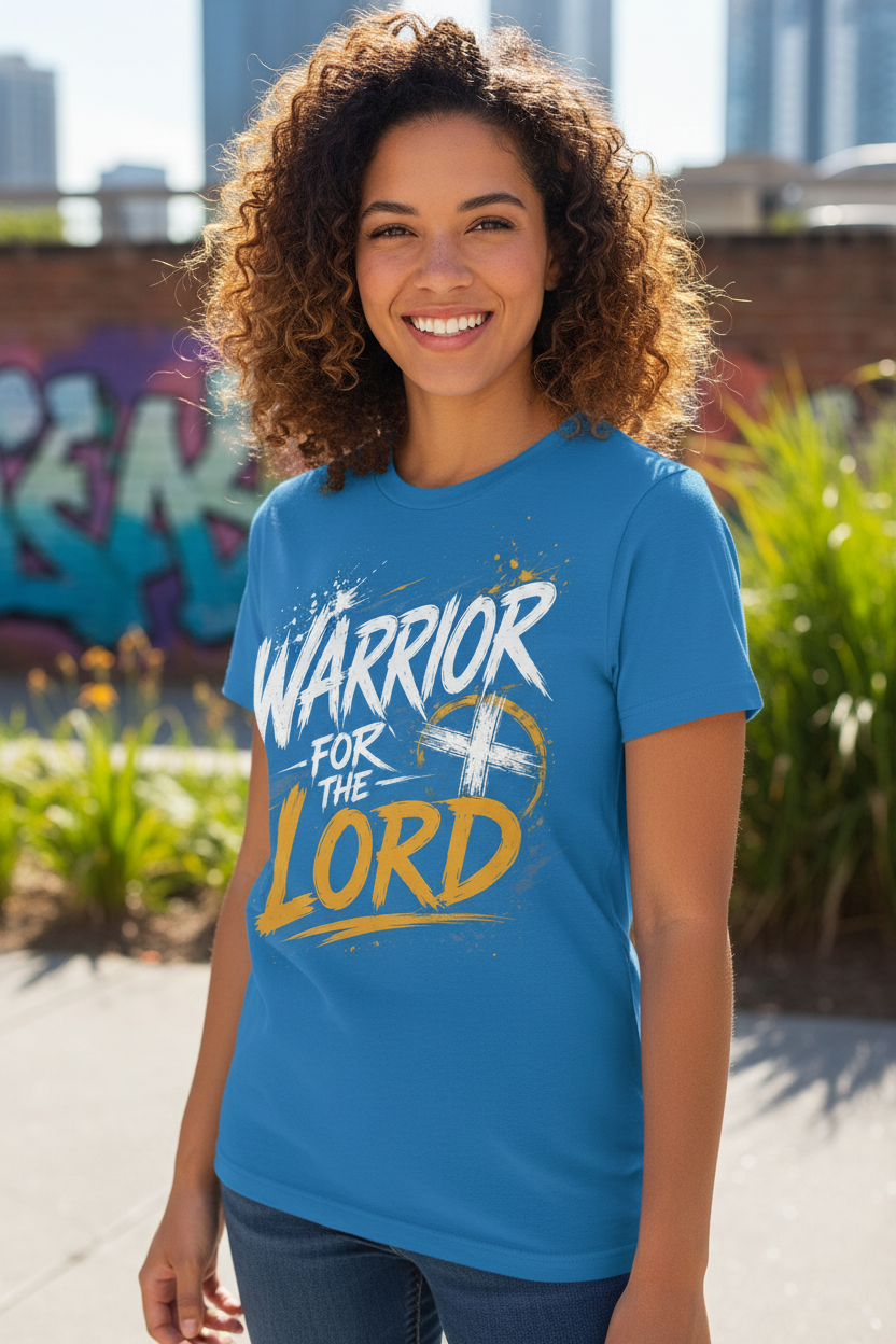 Blue Warrior for the Lord T-shirt worn by a young mixed-race female model