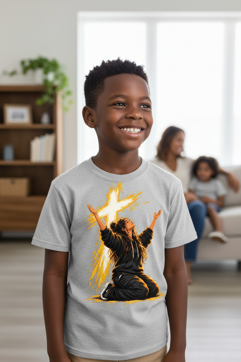 Gray Worship Warrior Kids T-Shirt worn by a child in a modern family lifestyle setting