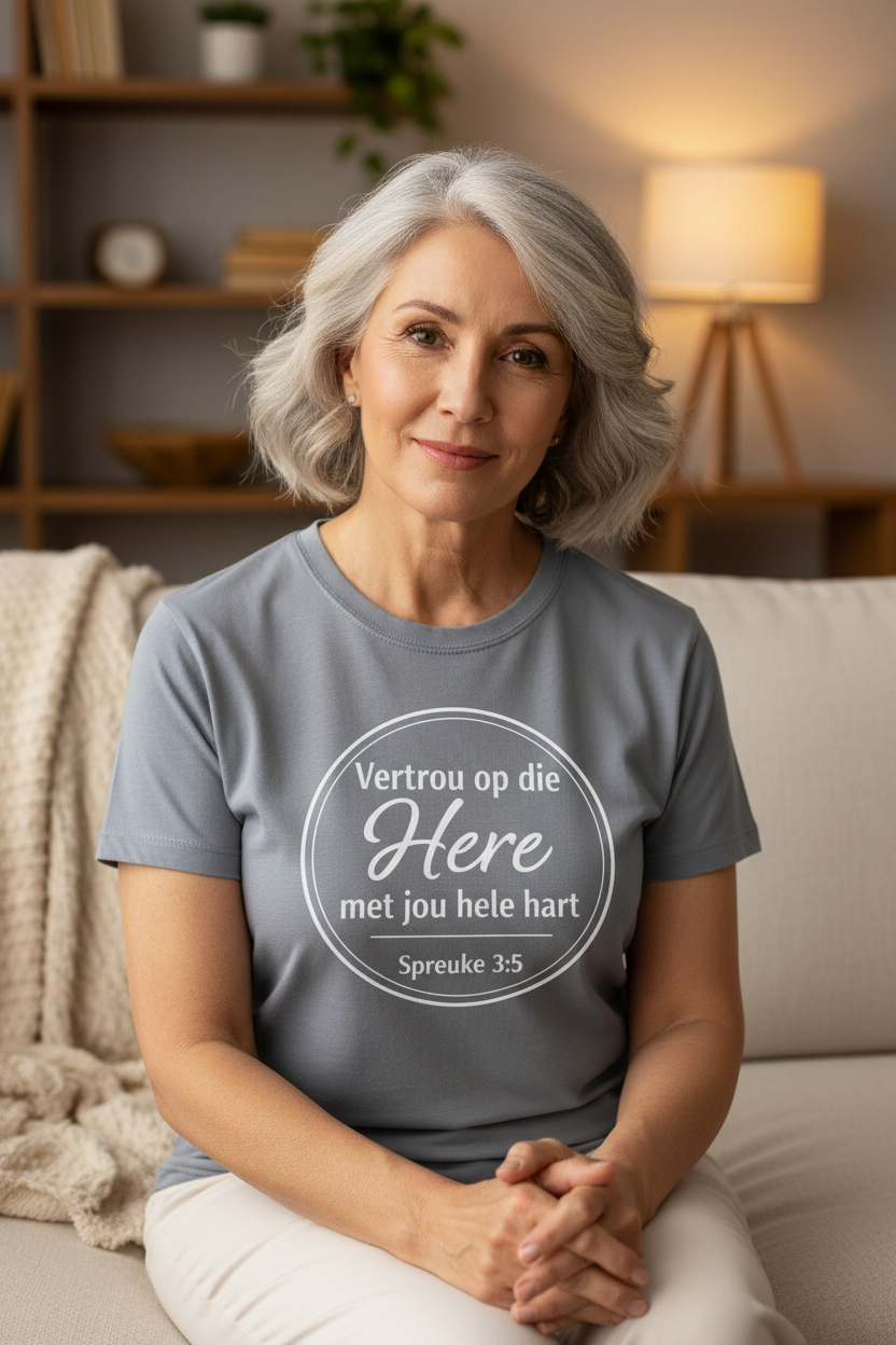 Vertrou op die Here T-Shirt – Gray, Silver Hair, Cozy Home