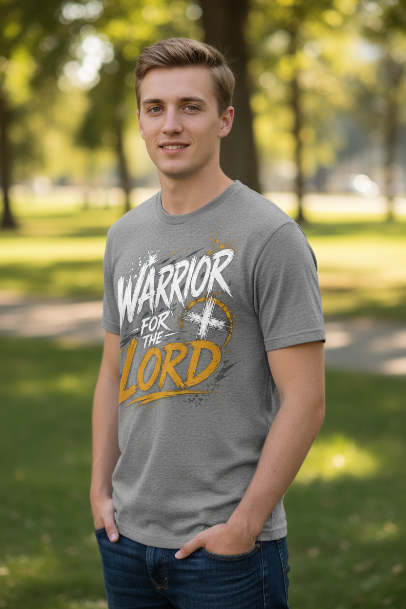 Gray Warrior for the Lord T-shirt worn by a young white male model