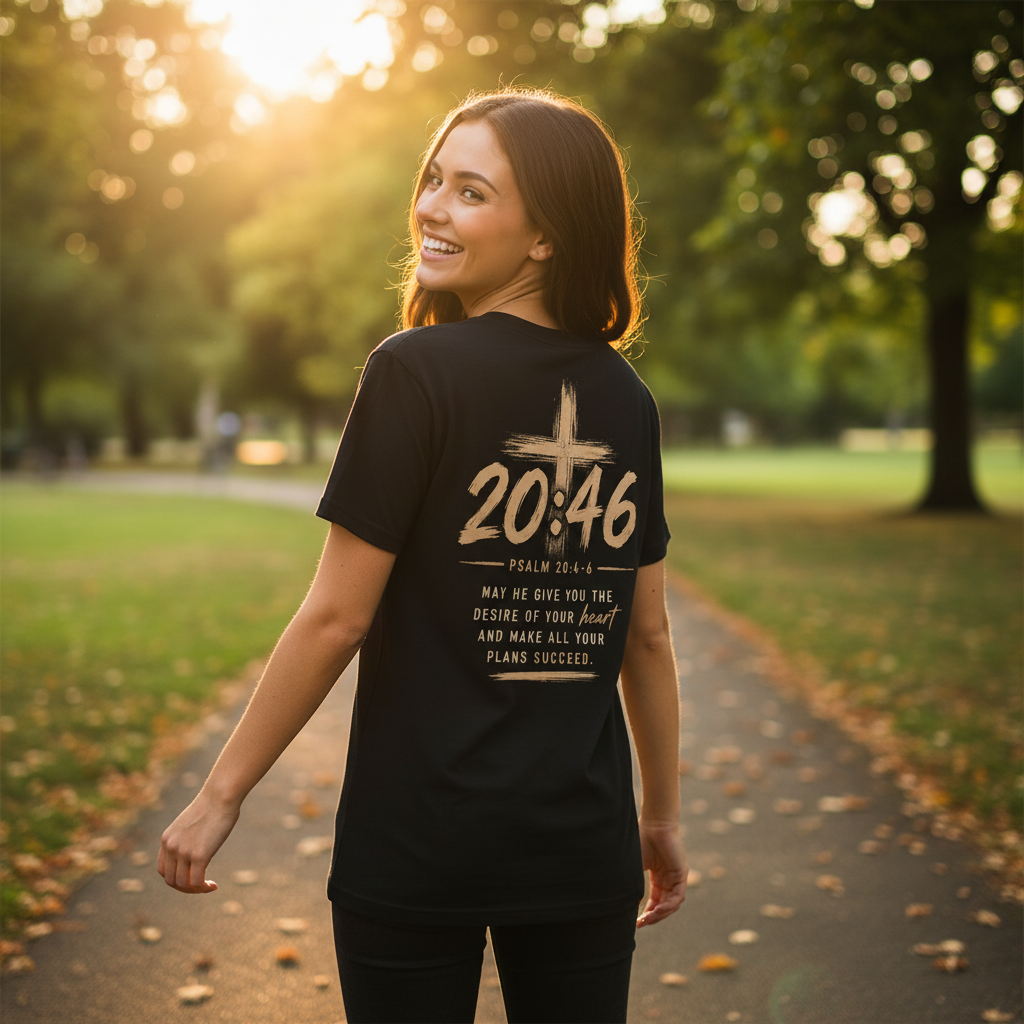 Psalm 20:46 black tee – young adult female lifestyle park shot