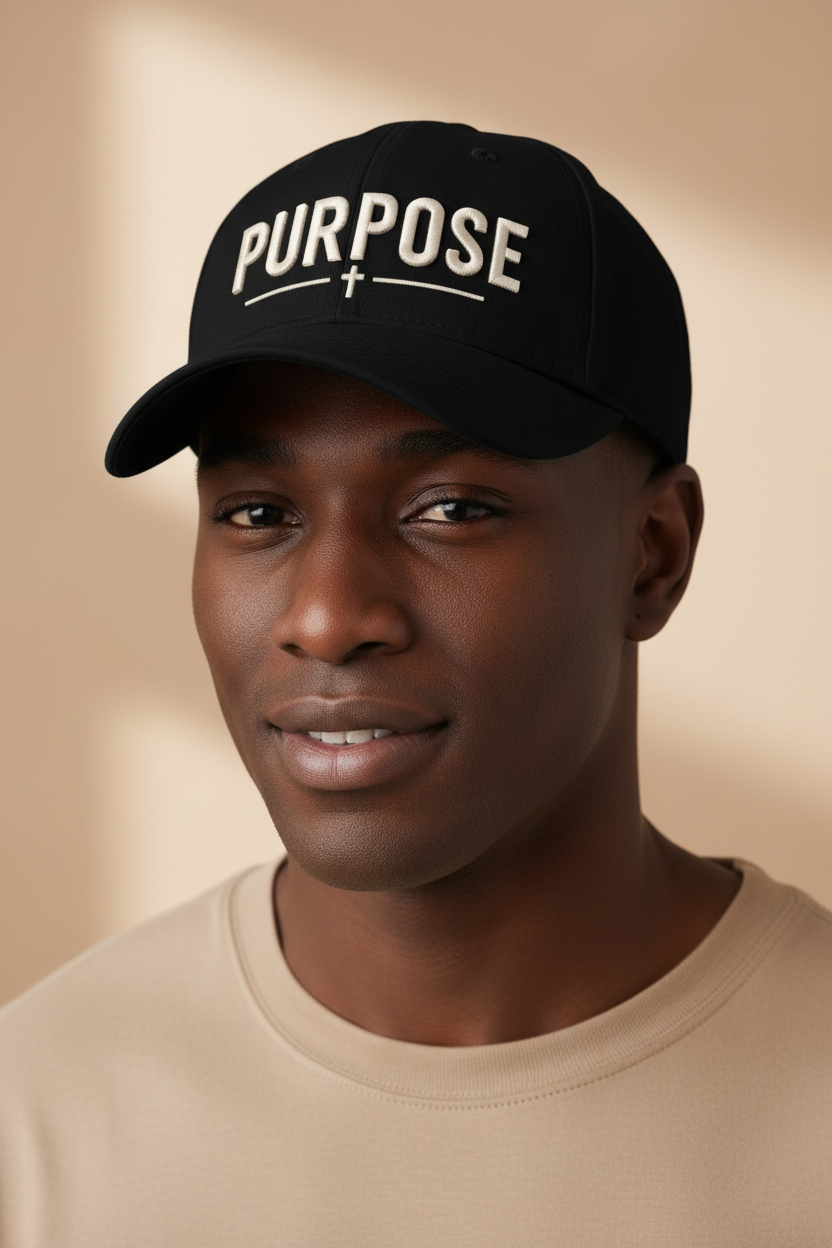 Black Purpose Christian cap worn by a male model, showing PURPOSE embroidery, a cross, and Jeremiah 29:11