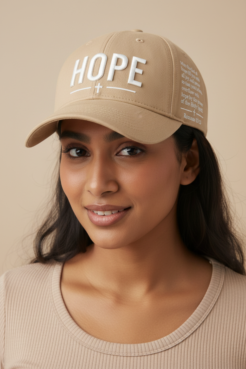 Beige Hope Christian cap worn by a woman model, showing HOPE embroidery, a cross, and Romans 15:13