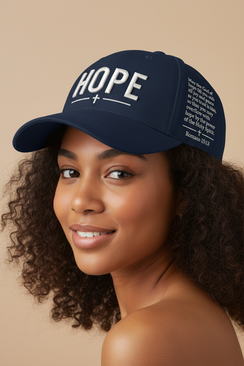Navy Hope Christian cap worn by a woman model, showing HOPE embroidery, a cross, and Romans 15:13