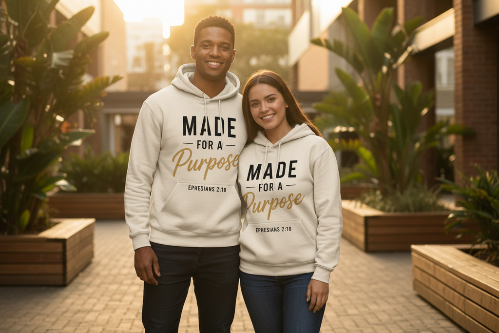Lady and gentleman wearing the beige Made For A Purpose hoodie outdoors