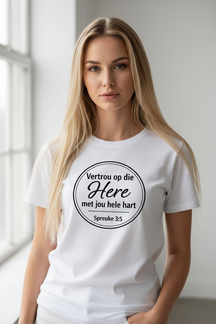 Vertrou op die Here T-Shirt – White, Straight Blonde Hair, Studio