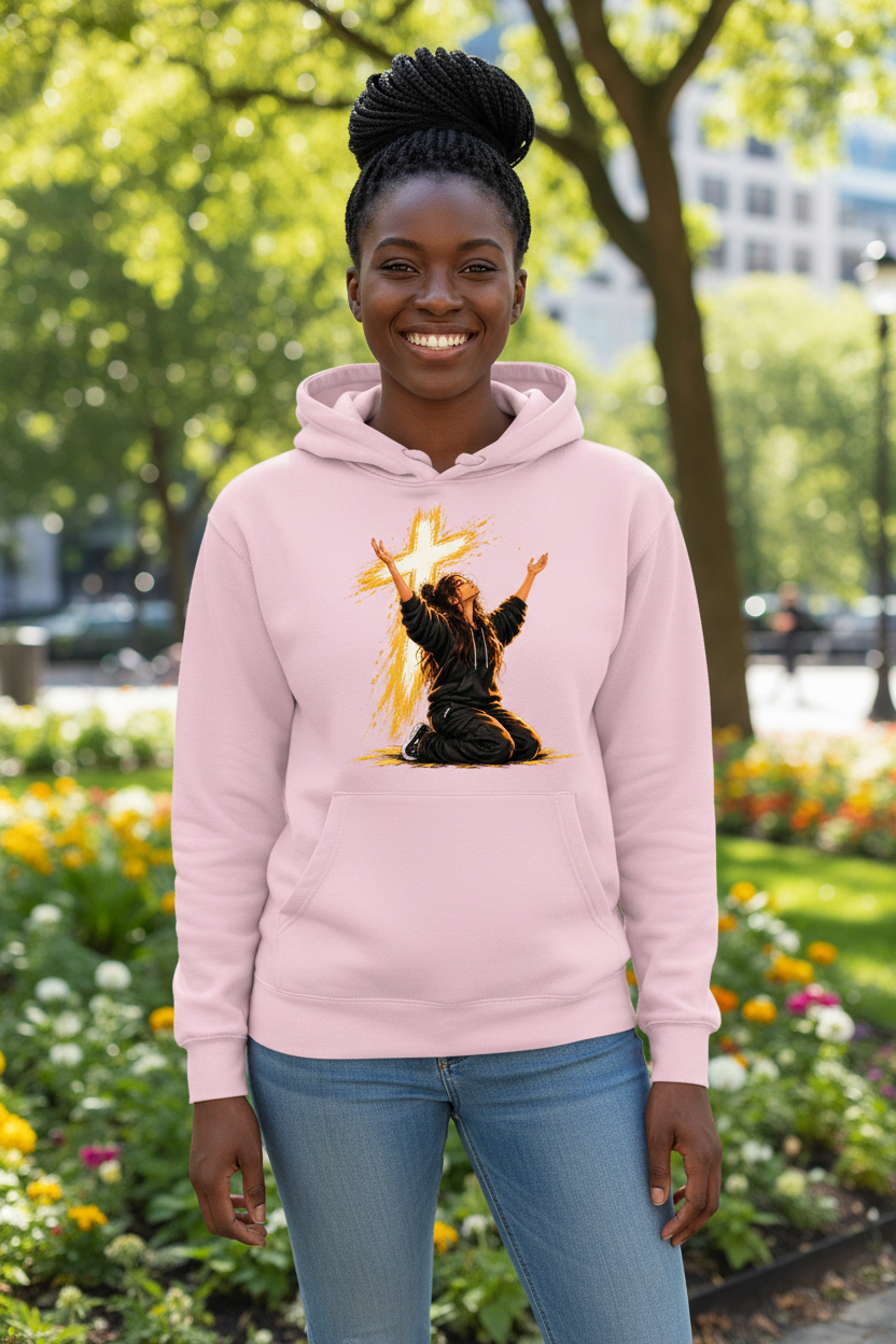 Pink Worship Cross Hoodie worn by a young Black female model